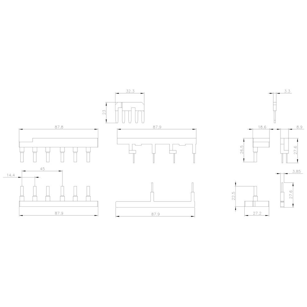 Technische Zeichnung eines elektronischen Bauteils mit verschiedenen Ansichten und Maßangaben in Millimetern.
