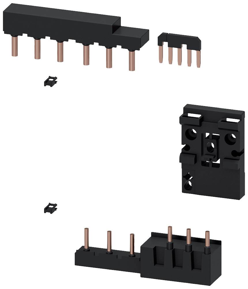 Schwarzer Kunststoffstecker mit Kupferdrähten, in Teile zerlegt und nebeneinander angeordnet. Hauptstecker, Drähte, kleinere Steckelemente.