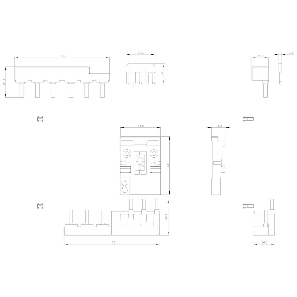 SCH-1.25 Steckerdiagramm mit sieben Stiftpositionen; Maße und technische Details; Draufsicht, Seitenansicht und Querschnittsansicht dargestellt.