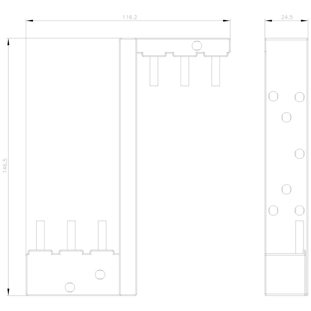 Technische Zeichnung eines Bauteils mit Bemaßungen: Breite 116,2 mm, Höhe 164,5 mm. Enthält Bohrungen und Steckverbindungen.