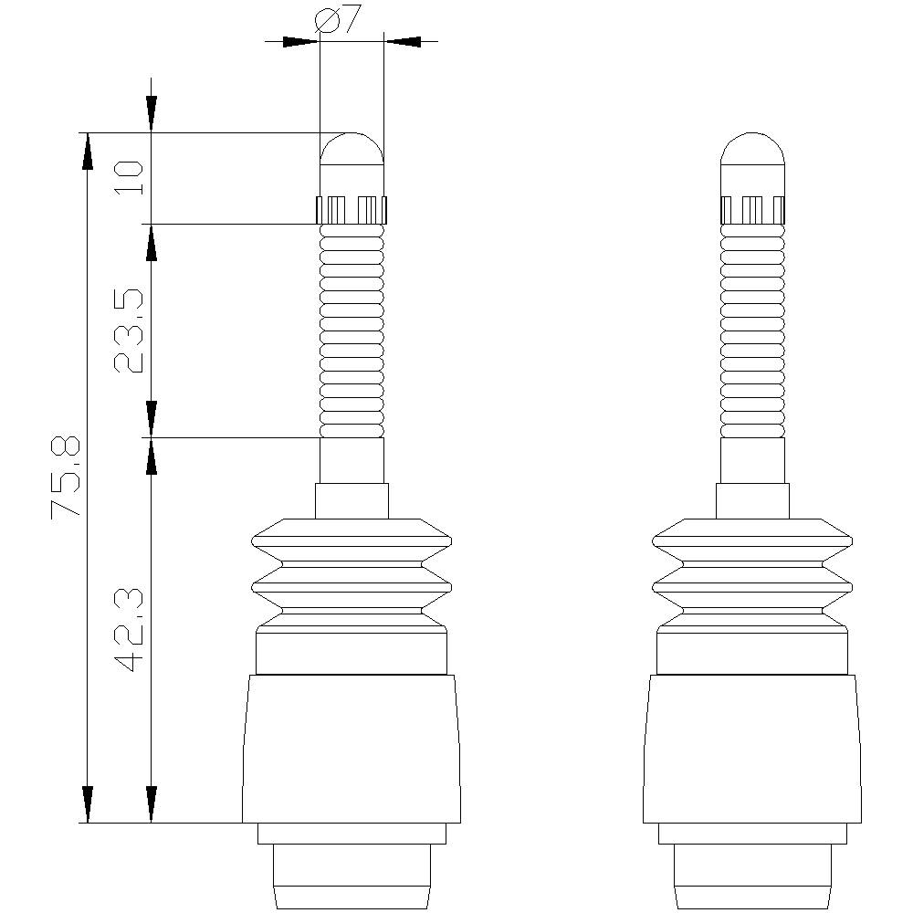 Technische Zeichnung von zwei Bolzen mit Maßen: Gesamtlänge 75,8 mm, Längenangaben 10 mm und 23,5 mm; Durchmesser Ø 7 mm.