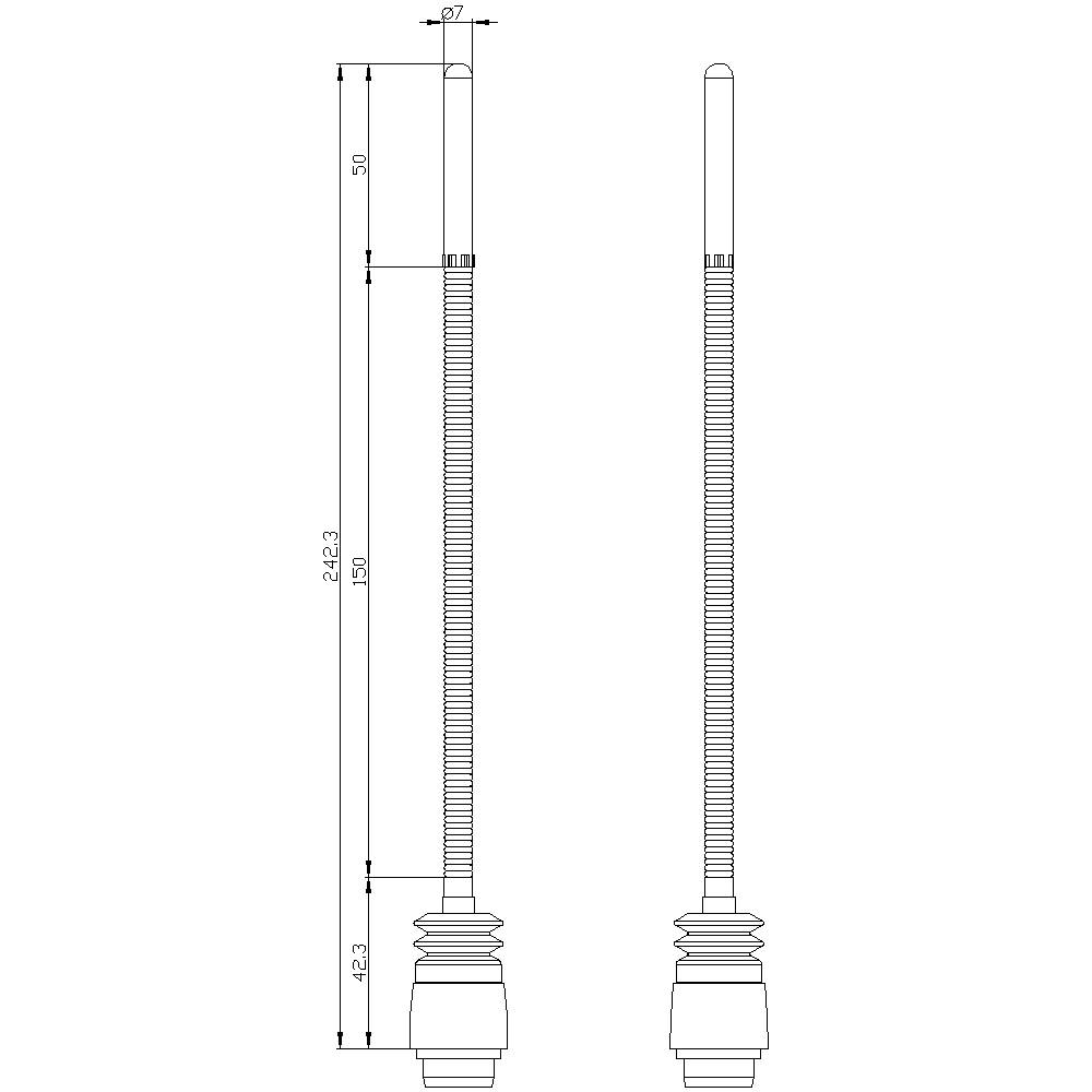 Liniendiagramm eines technischen Stabes mit Maßangaben: Gesamtlänge 242,3 mm, oberer Abschnitt 50 mm, Breite 7 mm. Zeigt Längenverhältnisse.