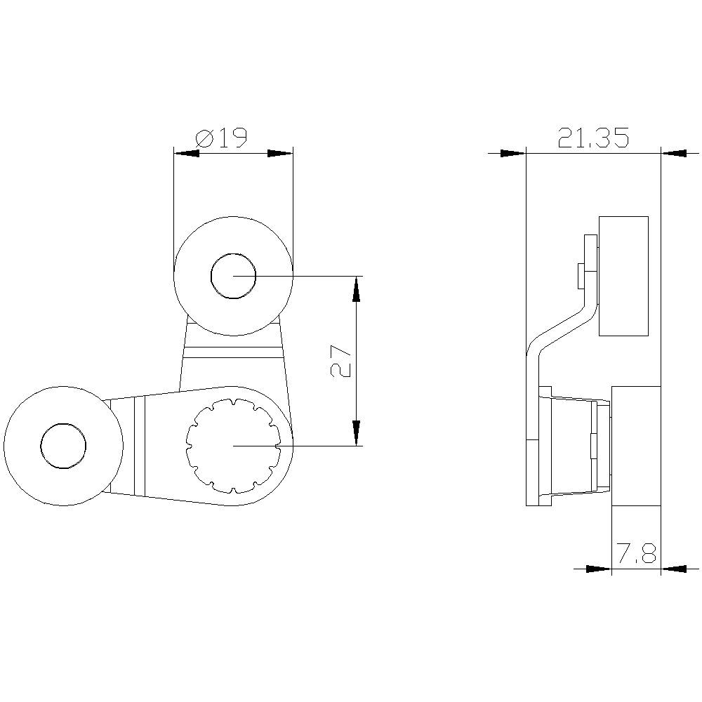 Technische Zeichnung eines mechanischen Bauteils mit zwei Ansichten. Maße: Durchmesser 19 mm, Höhe 27 mm, Breitenangaben 21,35 mm und 7,8 mm.