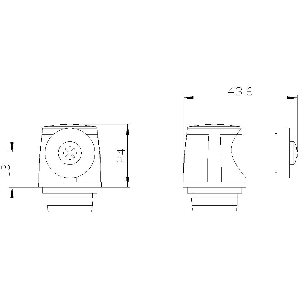 Technische Zeichnung eines rechten Winkelfittings. Maße: Breite 43,6 mm, Höhe 24 mm, andere Höhe 13 mm. Zeigt Seitenansicht und Vorderansicht.