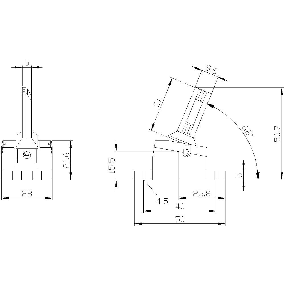 Technische Zeichnung eines Bauteils mit Bemaßungen. Zeigt 50 mm Breite, 50,7 mm Höhe, 68° Winkel, mit spezifischen Abständen.