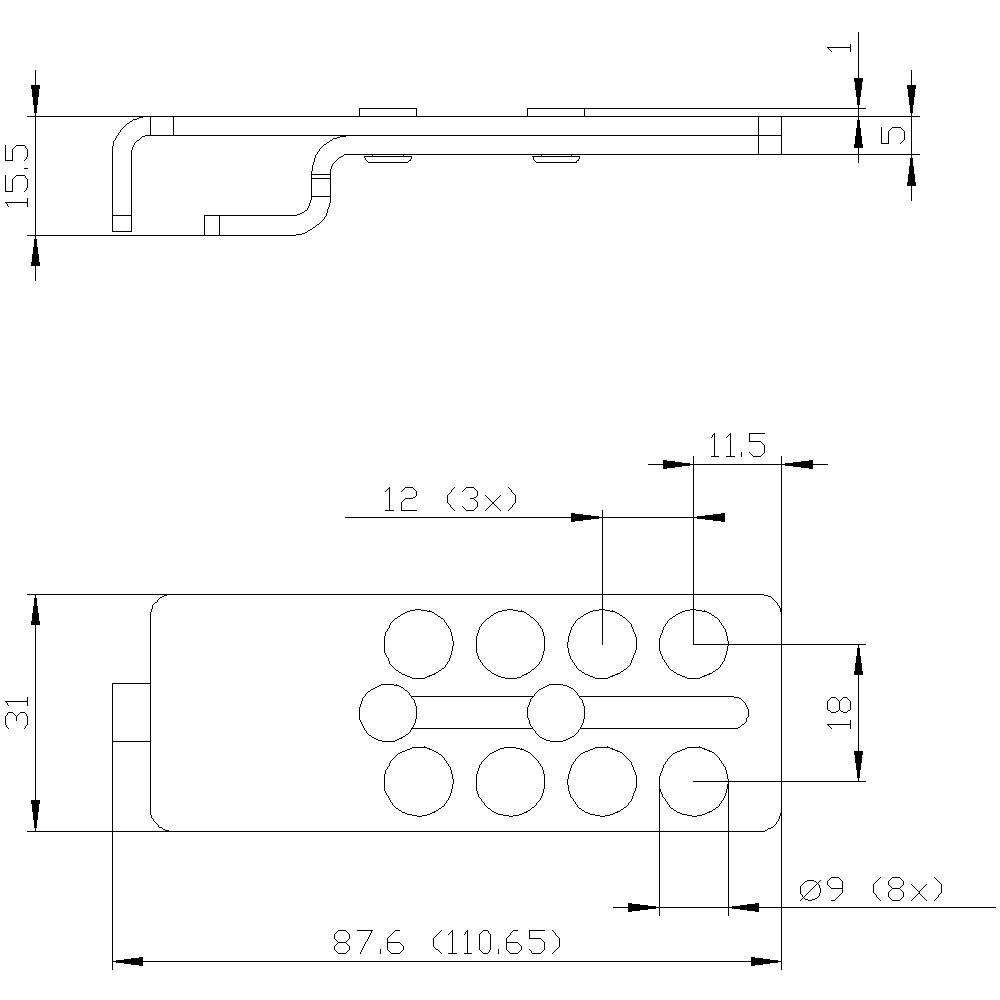 Technische Zeichnung eines Metallteils mit Maßen: Länge 87,6 mm, Breite 31 mm, Höhe 15,5 mm; enthält runde Öffnungen und Biegungen.
