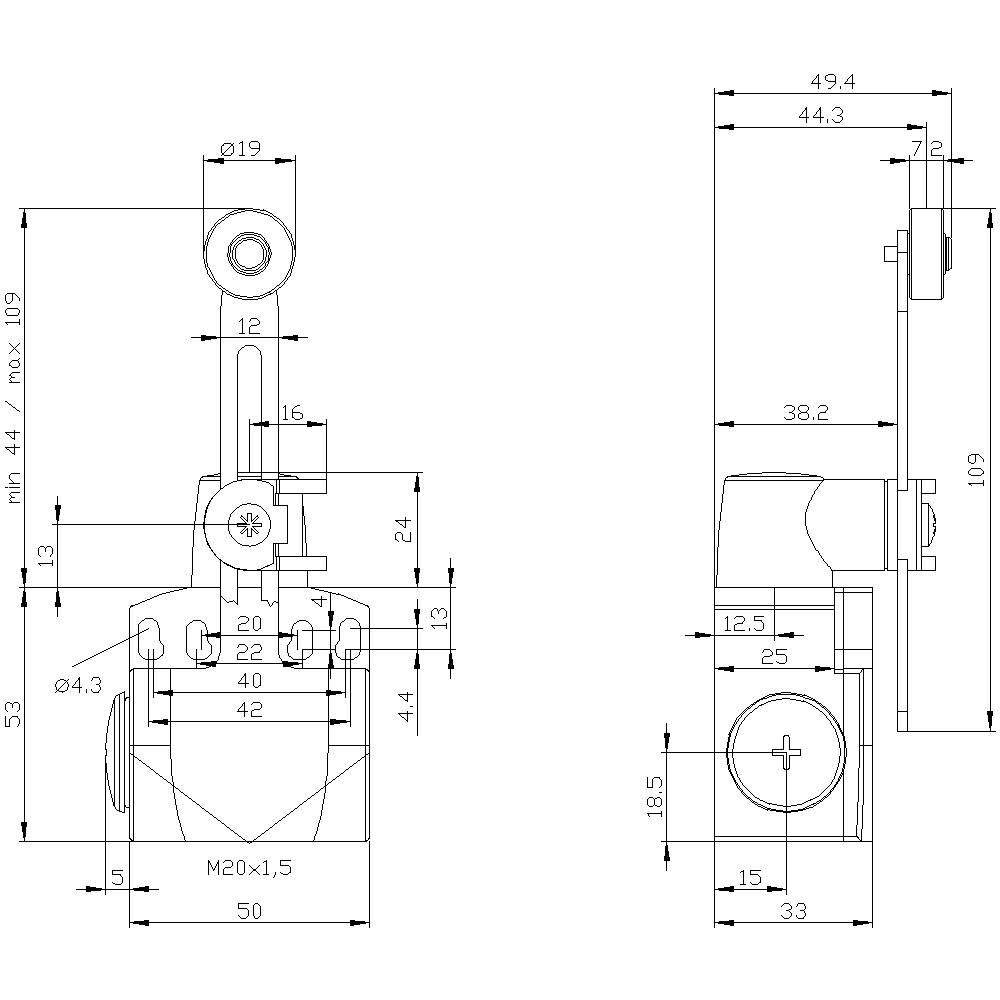 Technische Zeichnung eines mechanischen Bauteils mit Detailmaßen und Winkeln. Zeigt Vorder- und Seitenansicht zur Konstruktion.