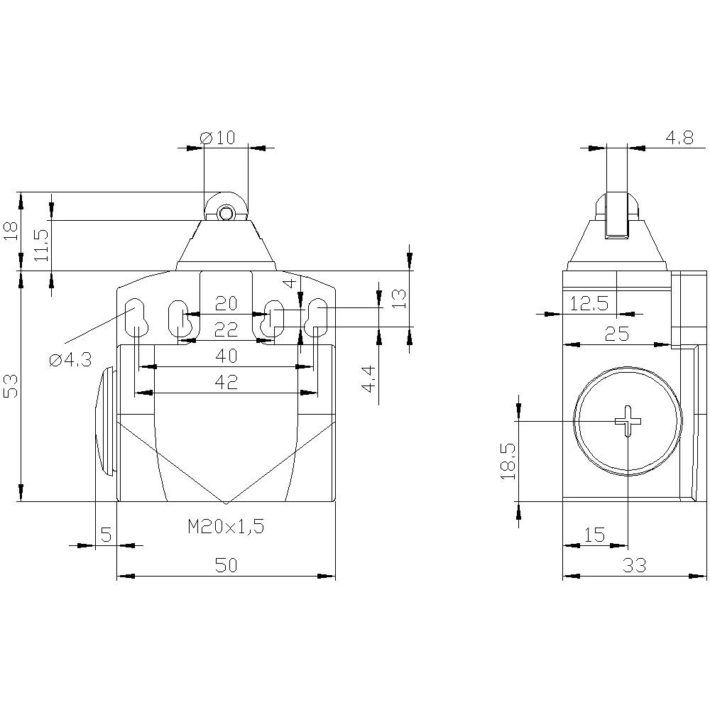 Technische Zeichnung eines mechanischen Bauteils mit Maßen: Gesamthöhe 53 mm, Breite 50 mm, Gewinde M20 x 1,5. Beinhaltet Detailansichten.