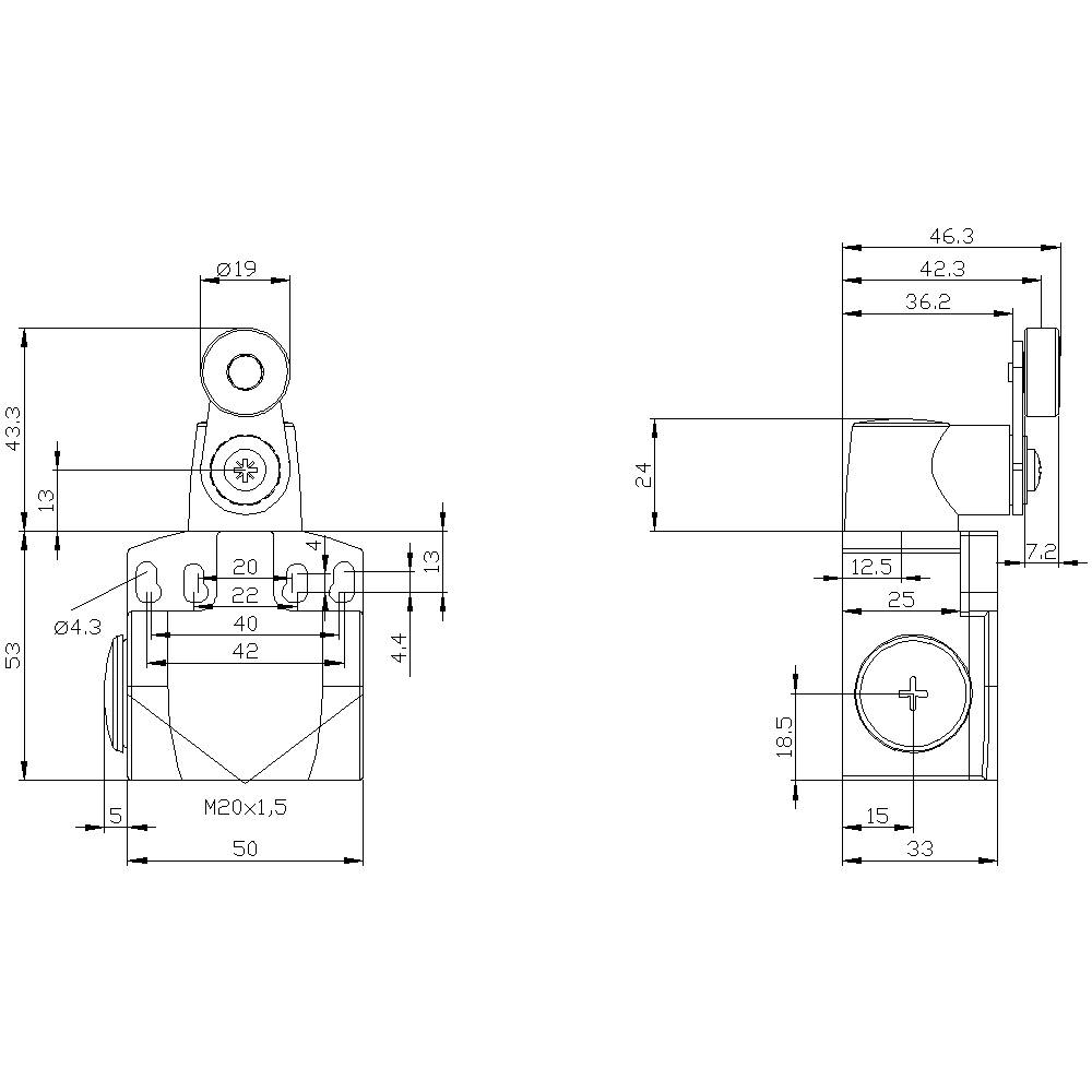 Technische Zeichnung eines Bauteils mit detaillierten Maßen: 20x1,5 mm, 50 mm Breite, 32 mm Höhe. Seiten- und Vorderansicht.