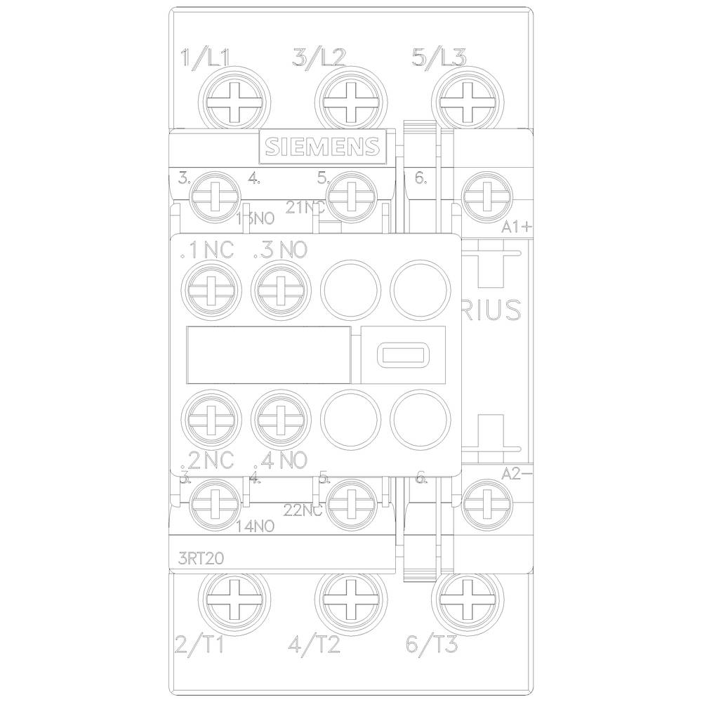Verdrahtungsplan eines Siemens-Schützes mit Anschlüssen L1, L2, L3, T1, T2, T3 auf jeder Seite, beschriftete Klemmen und Relais.