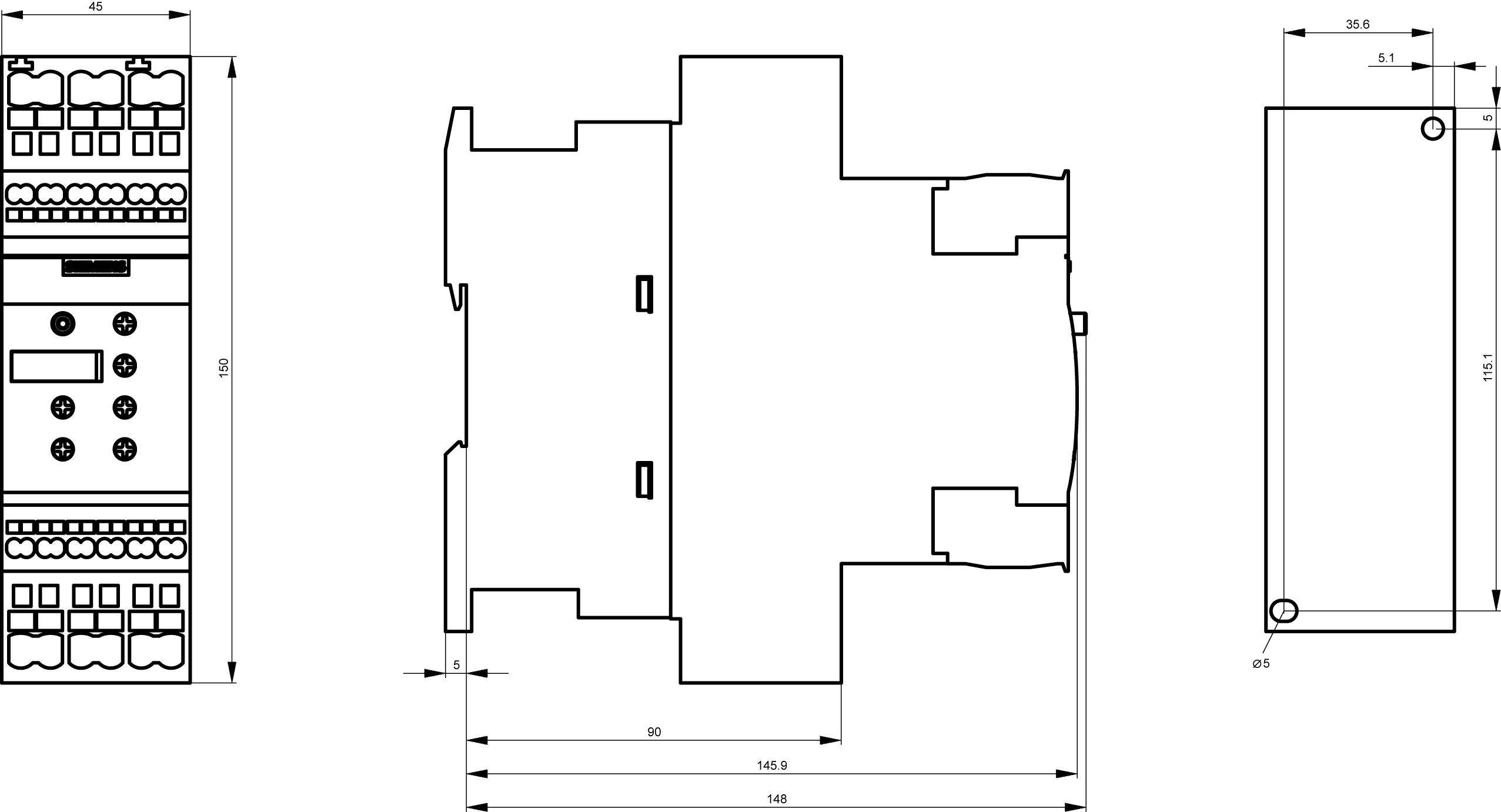 Technische Zeichnung eines elektrischen Schaltgeräts mit Abmessungen. Front- und Seitenansicht zeigen Layout und Größe von 36x90x60 mm.