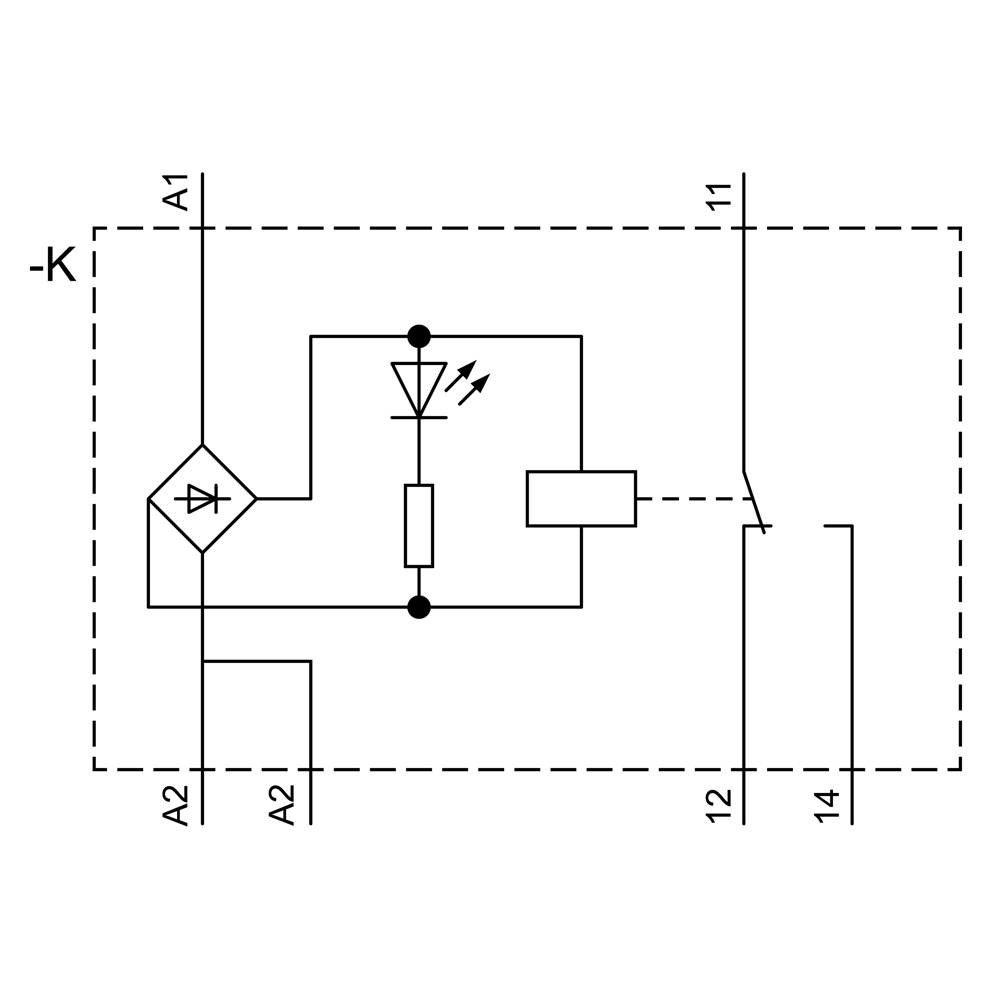 Elektrischer Schaltplan mit Diodenbrücke, Widerstand, Leuchtdiode und Schalter in einem Kasten mit Anschlüssen A1, A2, 11, 12, 14.
