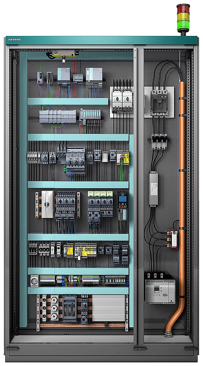 Ein Schaltschranksystem mit verschiedenen elektrischen Komponenten und Verdrahtungen. Eine Leuchte signalisiert Betriebsstatus oben.