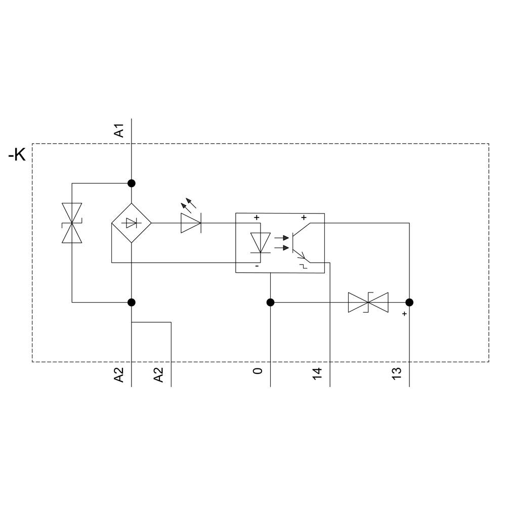 Schaltplan eines elektrischen Kreises mit Dioden, Op-Amp und Verbindungen zu A1, A2, 0, 13 und 14. Pfeile zeigen Stromrichtung.