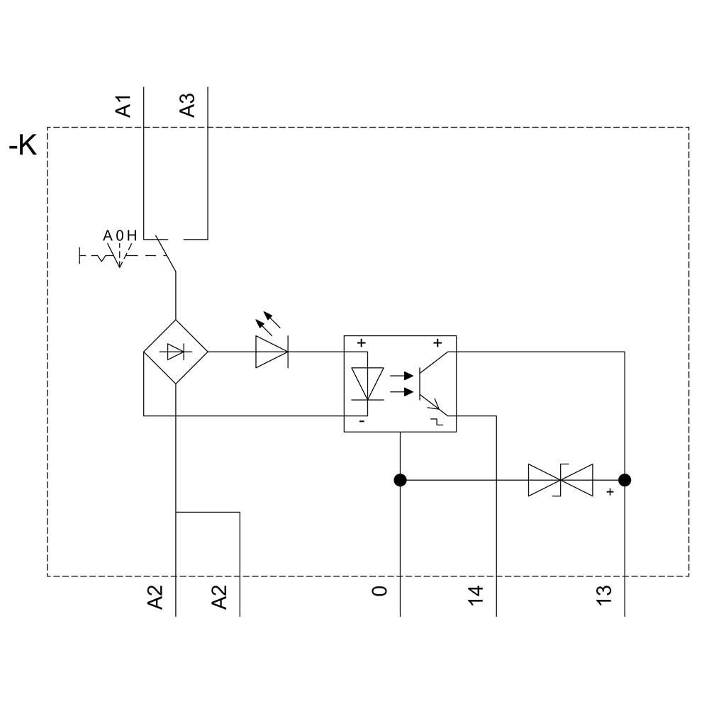 Schaltplan mit Brückengleichrichter, zwei LEDs, einem Optokoppler und Anschlüssen A1, A2, A3, 0, 13, 14 innerhalb eines Bereichs -K.