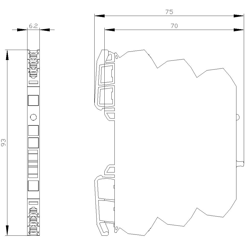 Technische Zeichnung eines rechteckigen Bauteils mit Abmessungen: 93 mm hoch, 75 mm lang. Seitenansicht zeigt Details im Inneren.