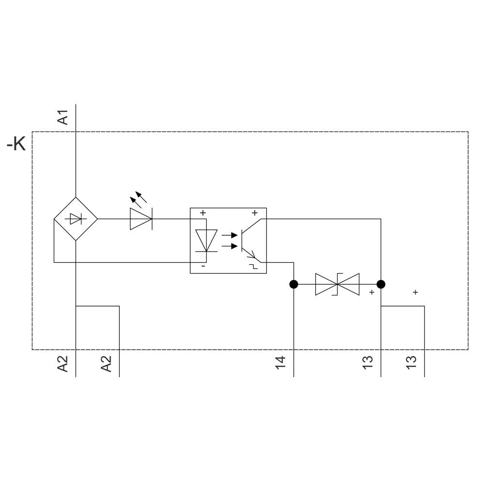 Schaltplan zeigt eine Diode, zwei LEDs und Widerstände in einer Schaltung. Verbindungspunkte sind an den Klemmen A1, A2, 13 und 14 markiert.