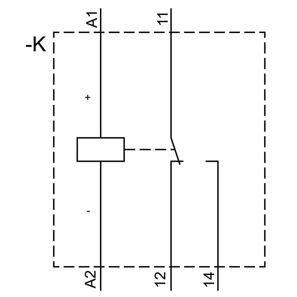 Schaltplan eines Relais: Rechteck-Box mit Anschlüssen A1, A2, 11, 12, und 14. Darstellung der internen Schaltkontakte.