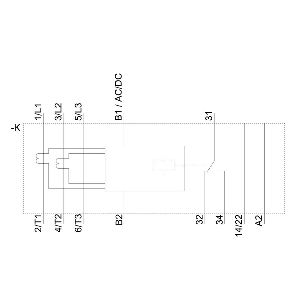 Schaltplan eines elektrischen Relais mit Anschlüssen: 1L1, 3L2, 5L3, 2T1, 4T2, 6T3, B1 AC/DC, B2, 31, 32, 34, 14/22, A2.