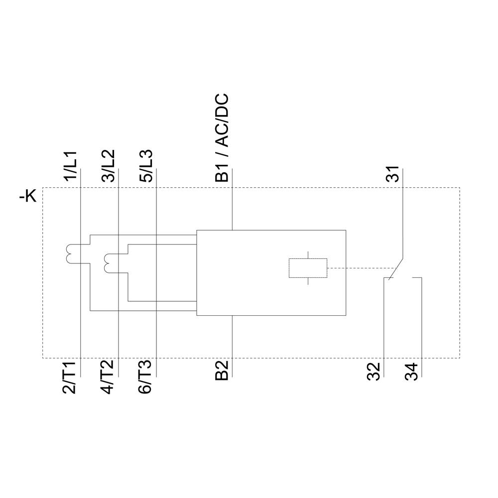 Elektrisches Schaltbild mit Anschlüssen: '1/L1', '3/L2', '5/L3' oben links; '2/T1', '4/T2', '6/T3' unten links; 'B1 AC/DC' und 'B2' oben.