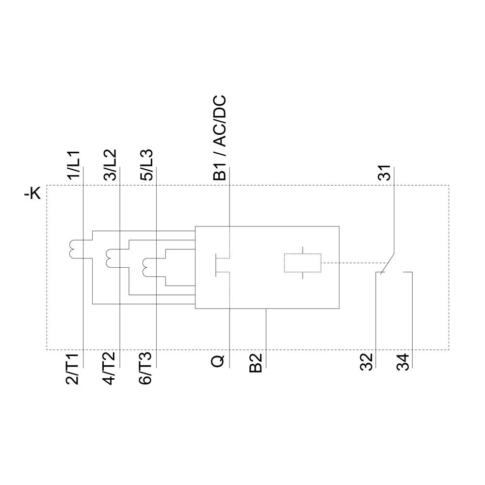 Diagramm von einem Schaltkreis mit Anschlüssen: 1/L1, 3/L2, 5/L3, 2/T1, 4/T2, 6/T3, B1/AC/DC und B2. Verbindungslinien sind dargestellt.