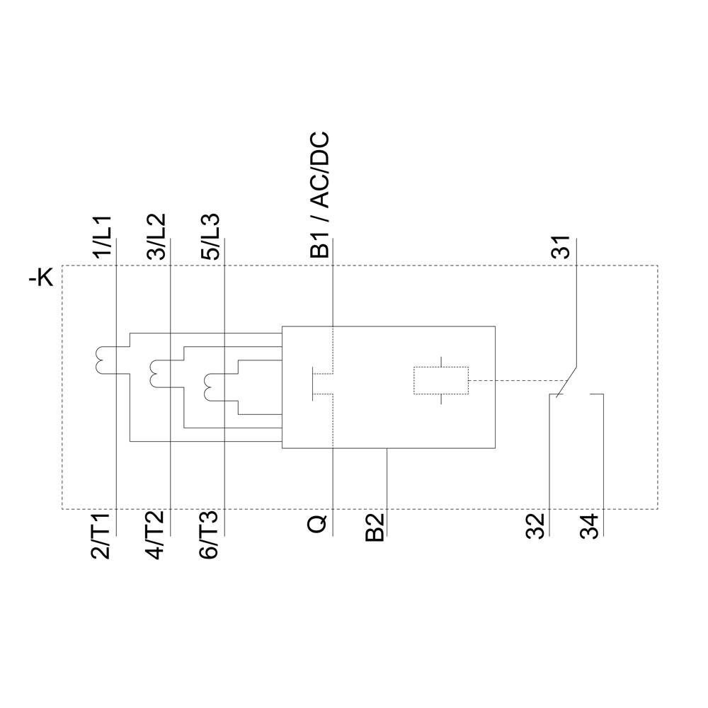 Schaltplan eines elektrischen Geräts mit Anschlüssen wie 1/L1, 3/L2, 5/L3, 2/T1, 4/T2, 6/T3, B1/AC/DC, B2, Q.