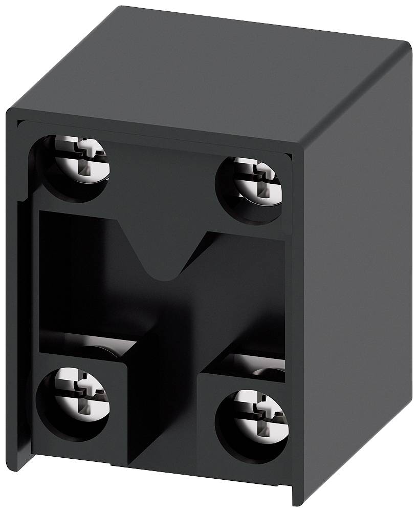 Ein schwarzer Kunststoffblock mit vier eingebetteten Schraubenlöchern, vermutlich Teil eines elektrischen oder mechanischen Bauteils.