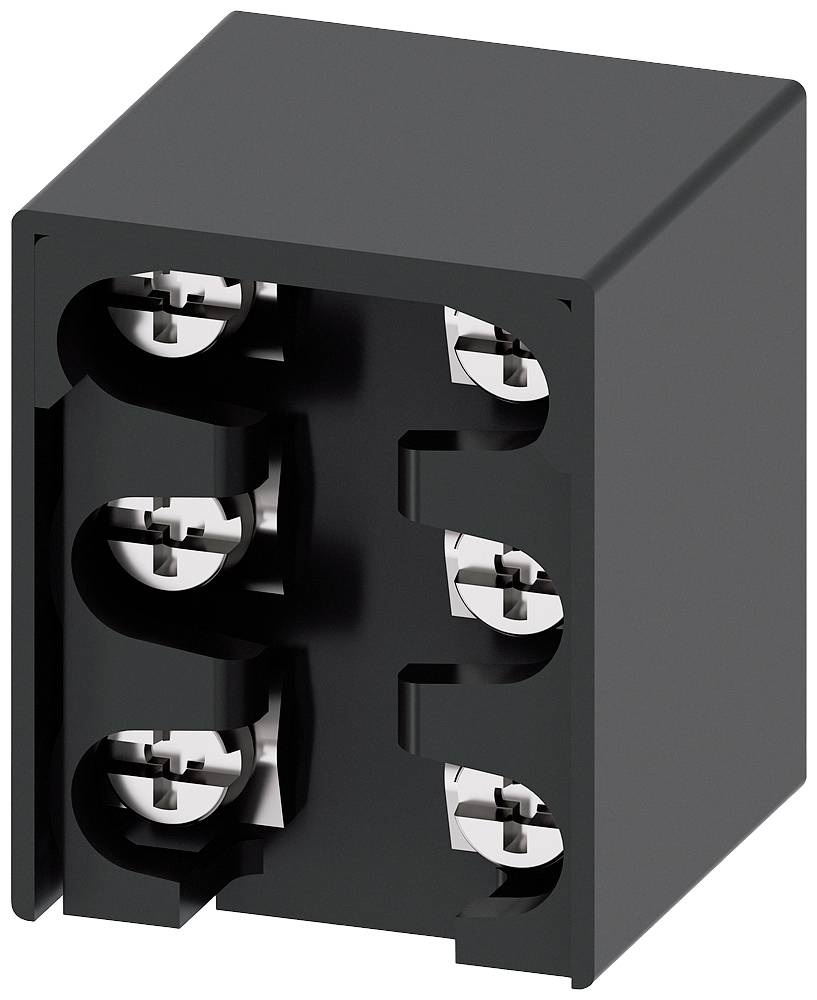 Schwarzes rechteckiges Gehäuse, enthält sechs runde, metallische Steckkontakte, symmetrisch angeordnet.