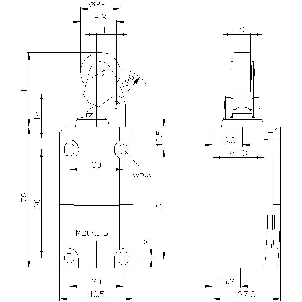 Mechanische Zeichnung eines rechteckigen Bauteils mit Maßen in Millimetern. Zeigt Vorder- und Seitenansicht mit detaillierten Abmessungen.