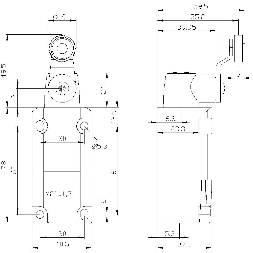 Technische Zeichnung eines mechanischen Bauteils mit Maßen in Millimetern. Zeigt Vorder- und Seitenansicht mit Details zur Größe.