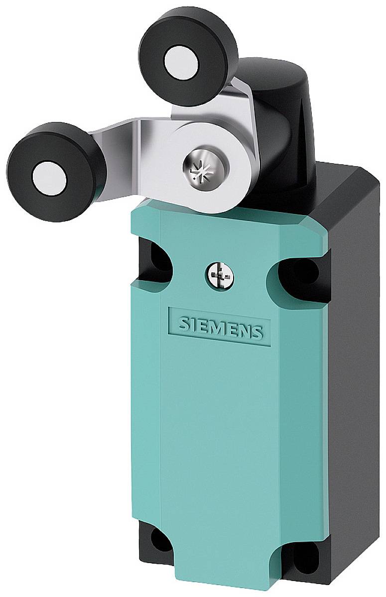 Ein blauer Sicherheitsschalter mit Rollenhebelaufsatz, gebrandet 'Siemens'.