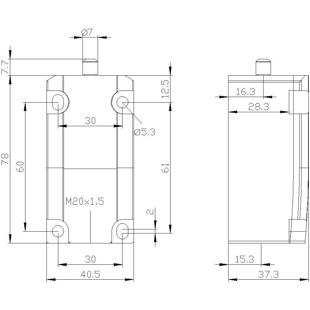 Technische Zeichnung eines mechanischen Bauteils mit Bemaßungen in Millimetern. Details: Bohrungen, Gewinde M20x1,5, Länge und Breite.