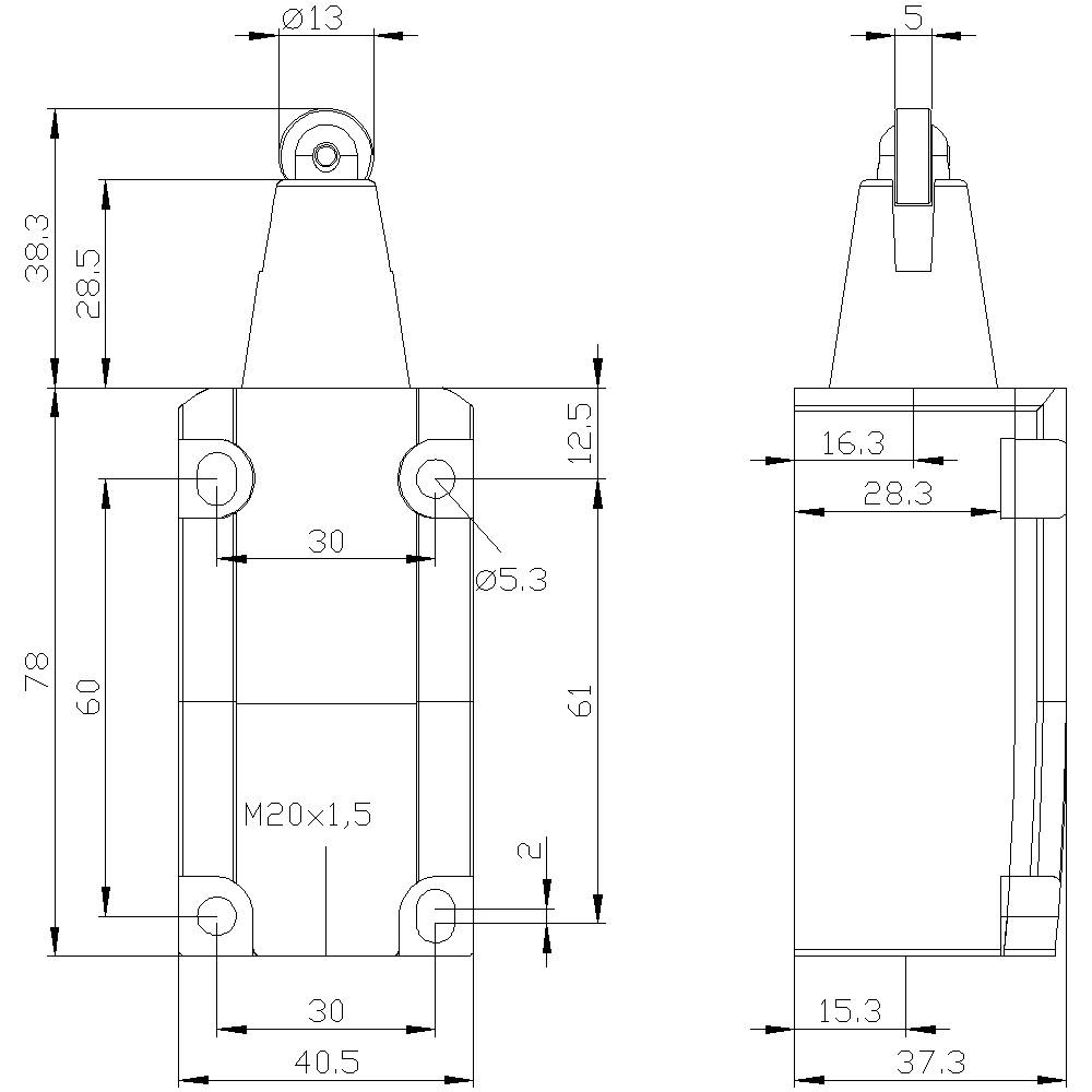 Technische Zeichnung eines Bauteils mit verschiedenen Ansichten. Maße und Spezifikationen sind angegeben.
