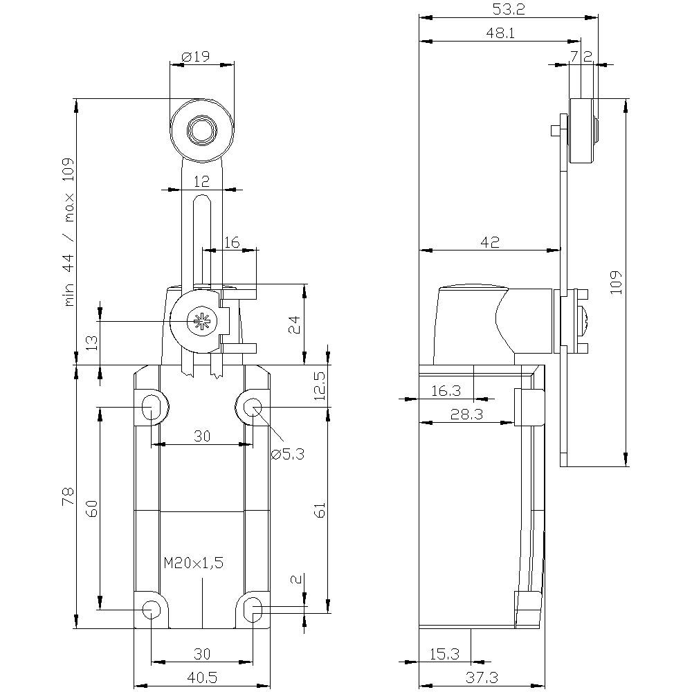 Das Bild zeigt technische Zeichnungen eines elektrischen Kontaktschalters mit genauen Abmessungen und Montagedetails aus Vorder- und Seitenansicht.