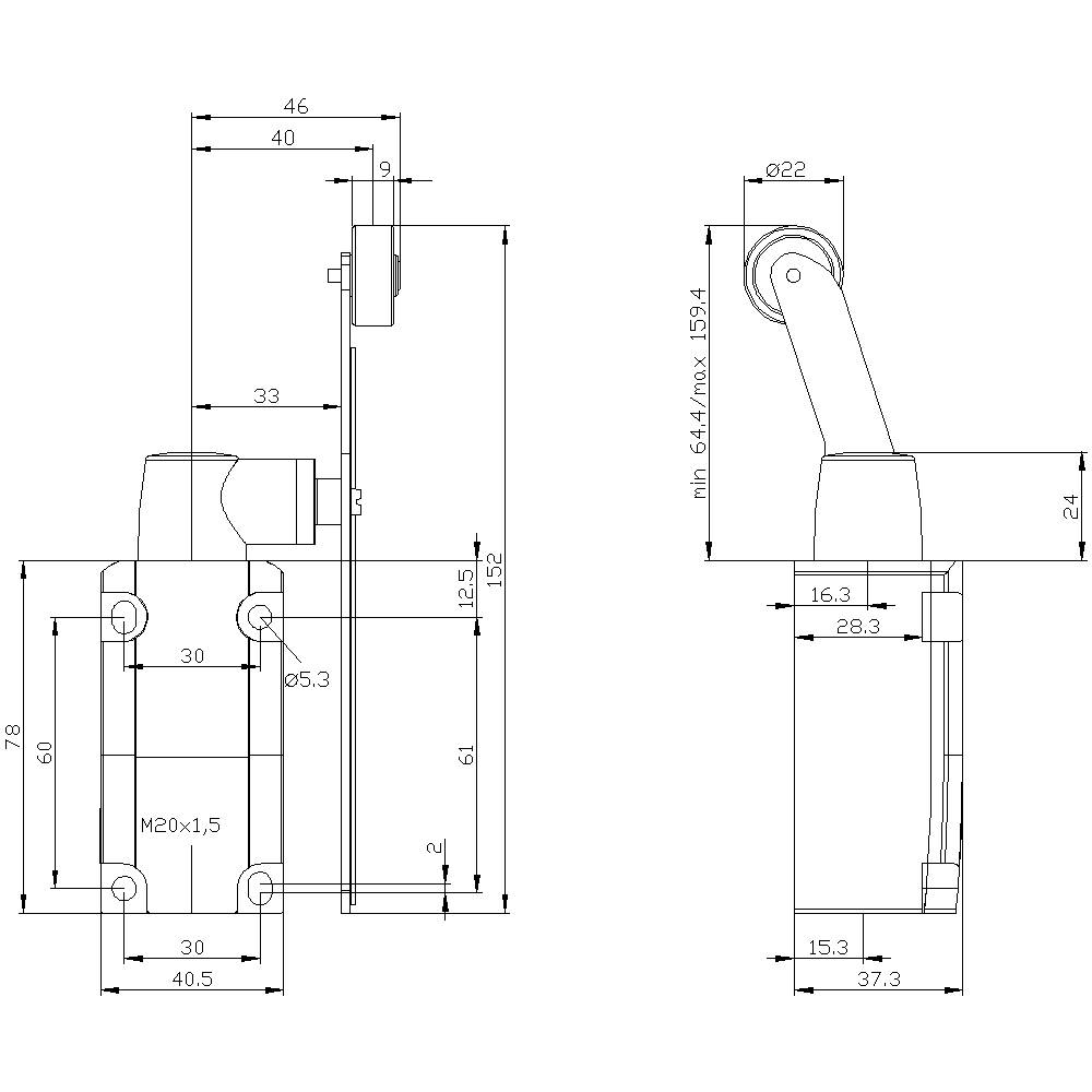 Technische Zeichnung zeigt zwei Ansichten eines mechanischen Bauteils mit Bemaßungen und Gewindespezifikationen.