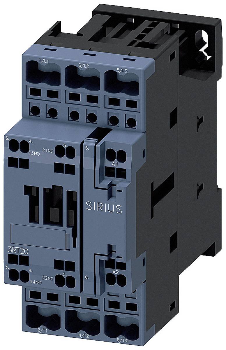 Ein blauer elektrischer Schütz mit mehreren Anschlüssen, Beschriftung 'SIRIUS', zur Steuerung von Hochleistungsstromkreisen.