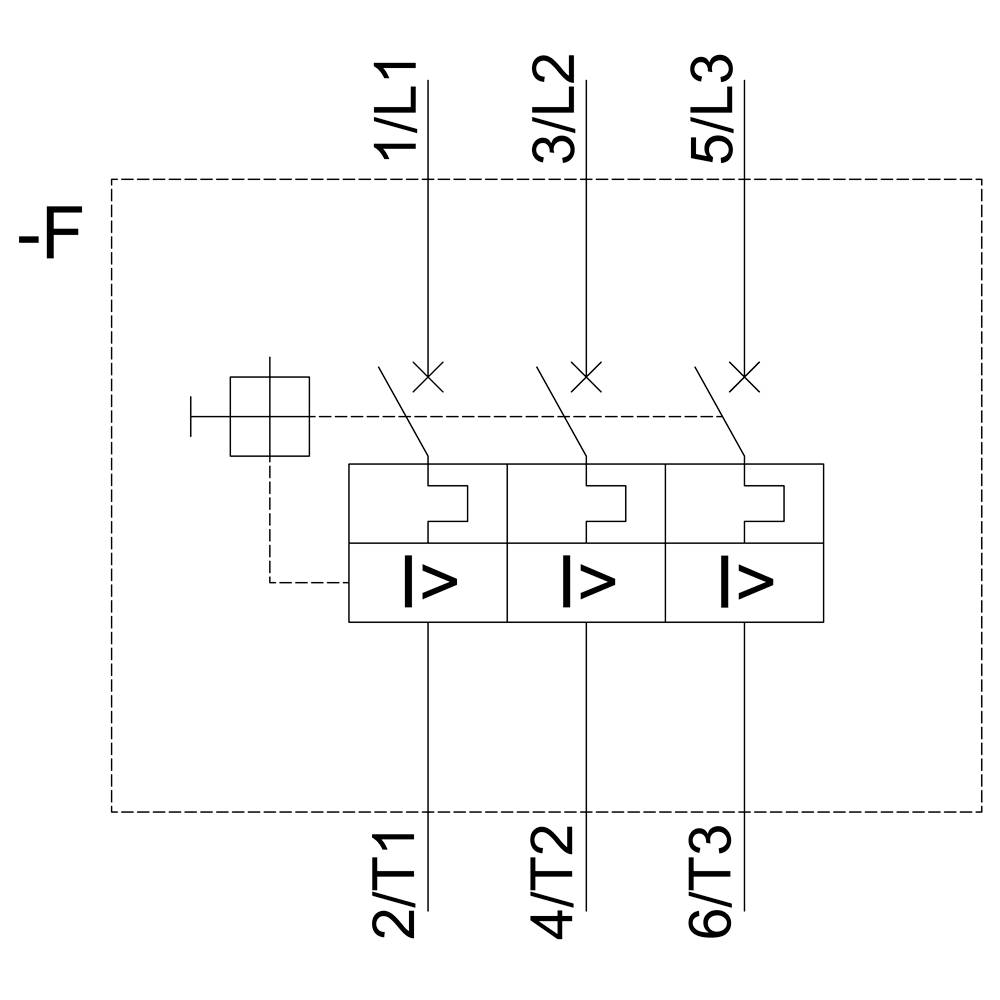 Schaltplansymbol: Dreiphasiges Relais mit Anschlussbezeichnungen '1/L1', '3/L2', '5/L3' oben und '2/T1', '4/T2', '6/T3' unten.