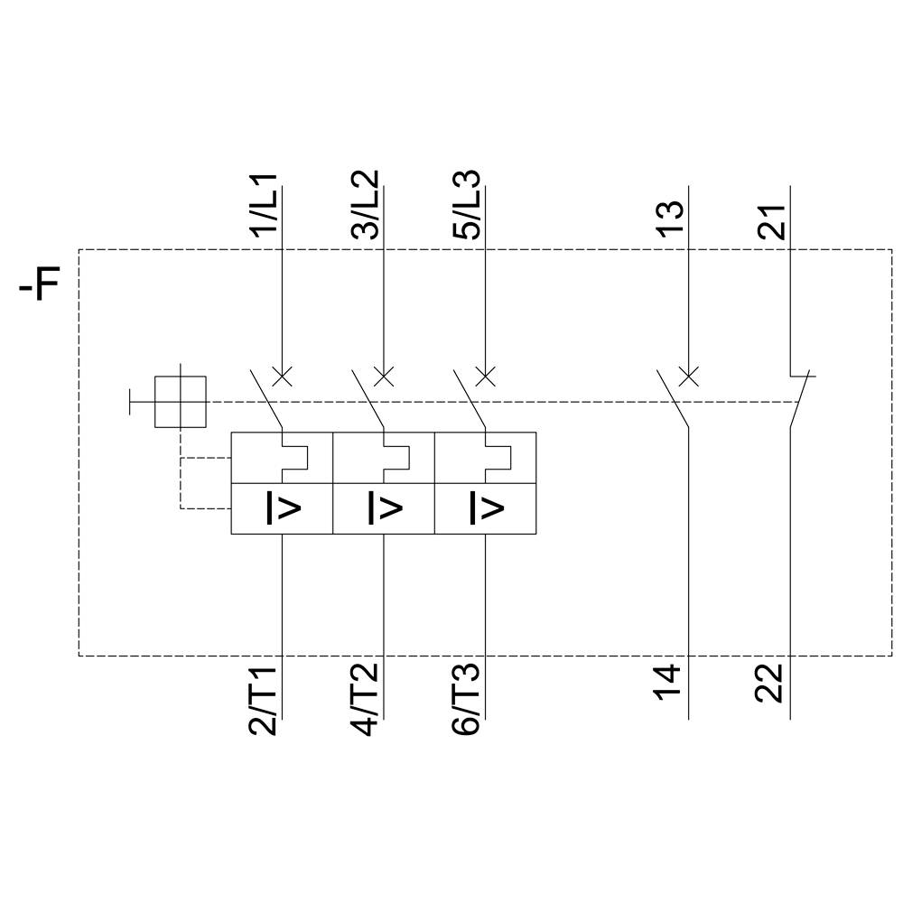 Diagramm eines elektrischen Schalters mit Anschlüssen 1/L1, 3/L2, 5/L3, 2/T1, 4/T2, 6/T3. Stromfluss über die Kreise 13-14 und 21-22.