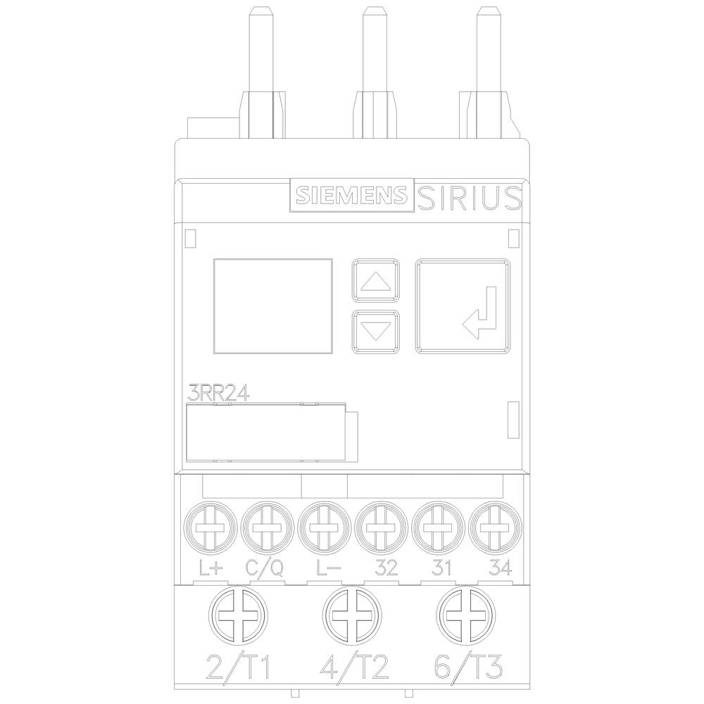 Ein Siemens SIRIUS Motorstarter mit mehreren Anschlüssen und Schaltknöpfen. Beschriftet mit Modellnummer '3RR24'. Einsatz in elektrischen Schaltschränken.