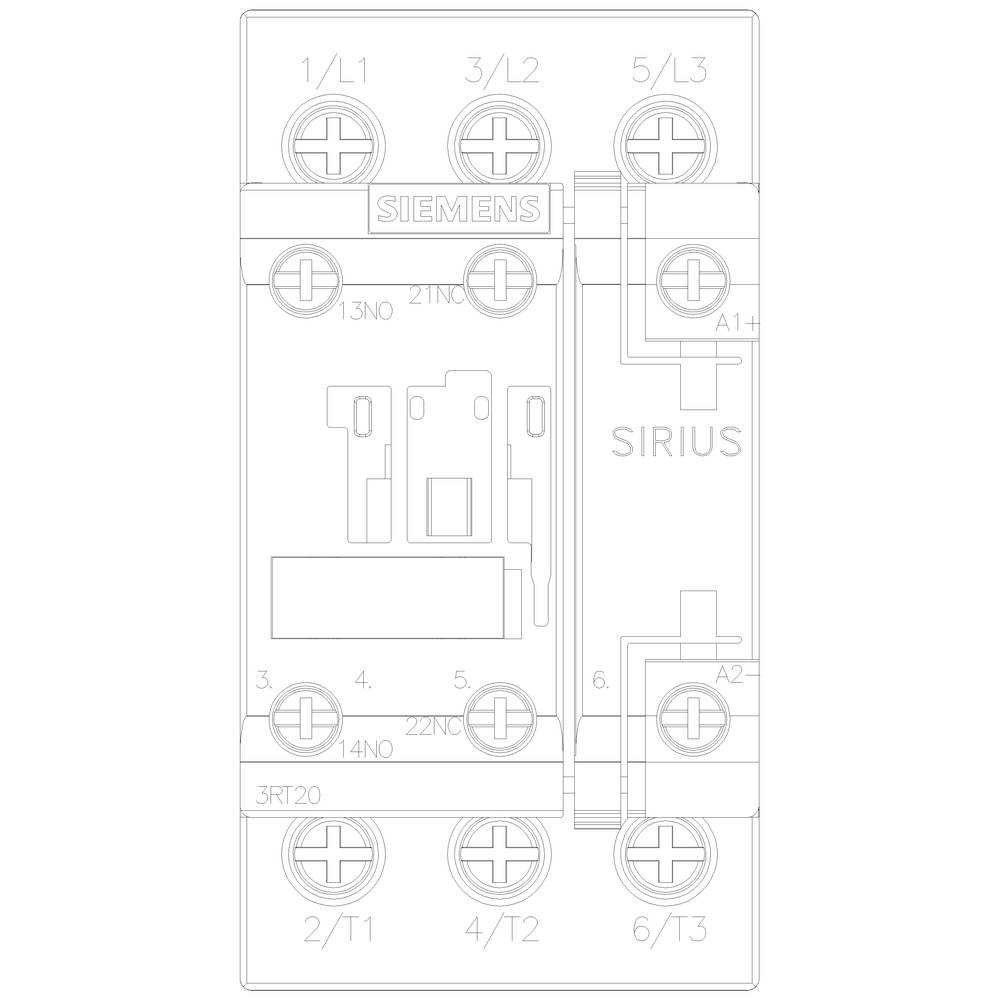 Technische Zeichnung eines Siemens SIRIUS Schützes mit Beschriftungen für elektrische Anschlüsse und Klemmenbezeichnungen.