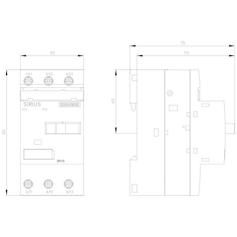 Technische Zeichnung eines SIRIUS Gerätes mit seitlicher und frontaler Ansicht, dargestellt mit detaillierten Maßen.