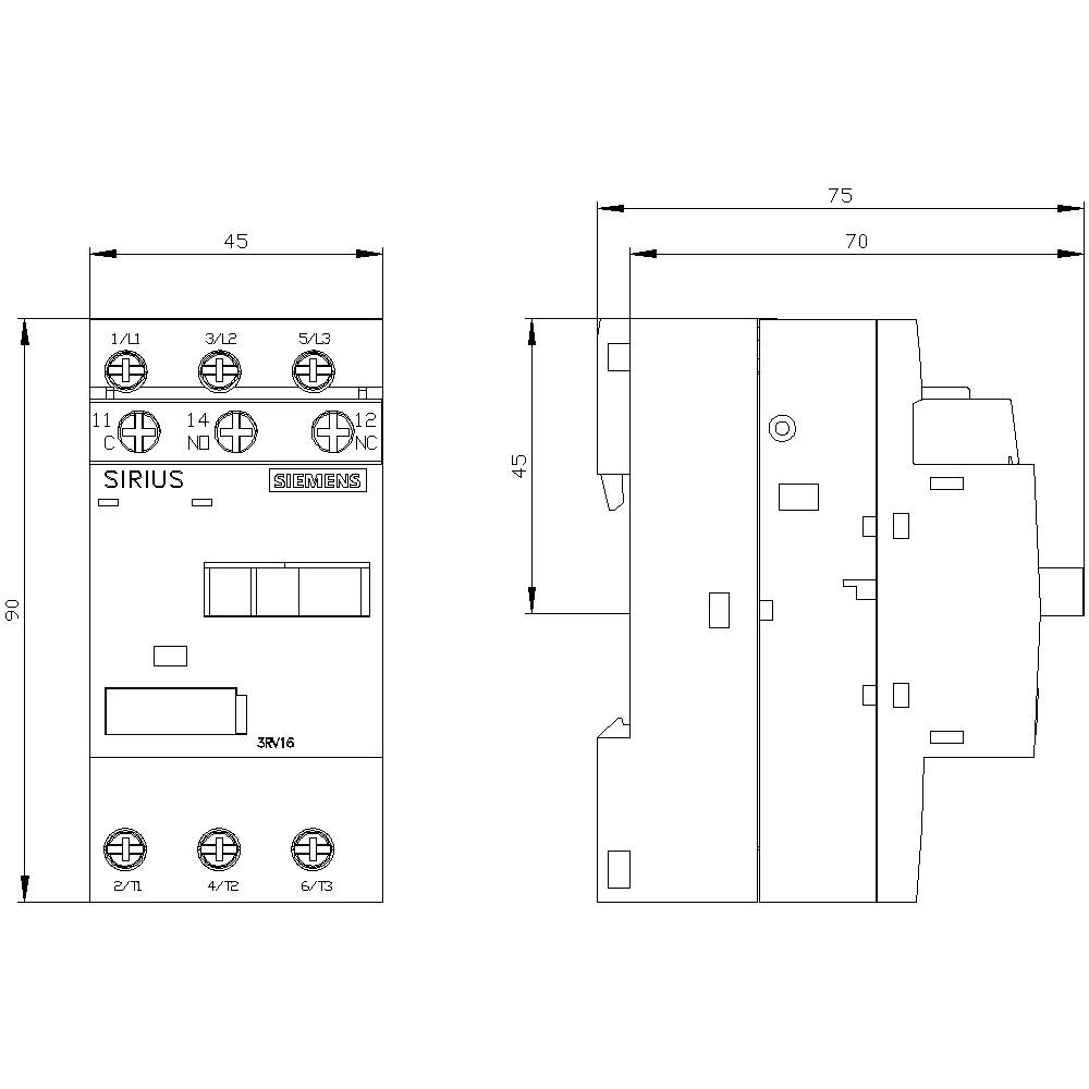 Schaltgerät-Diagramm, Front- und Seitenansicht mit Maßen 90x45 mm. Enthält Beschriftungen für Anschlüsse und Schalteinheiten.