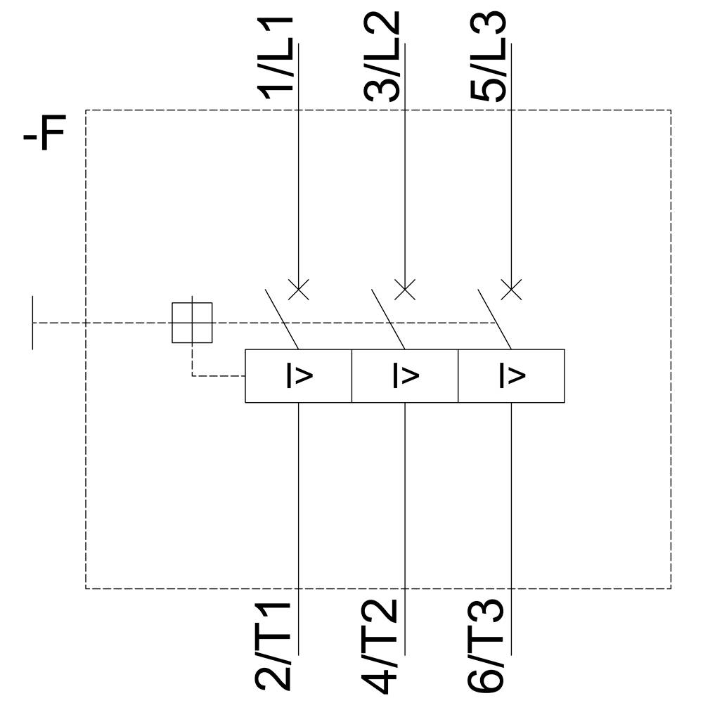 Klemmenbelegung: 1/L1, 3/L2, 5/L3; 2/T1, 4/T2, 6/T3. Schema eines elektrischen Schaltplans mit Verbindungen zwischen Klemmen.