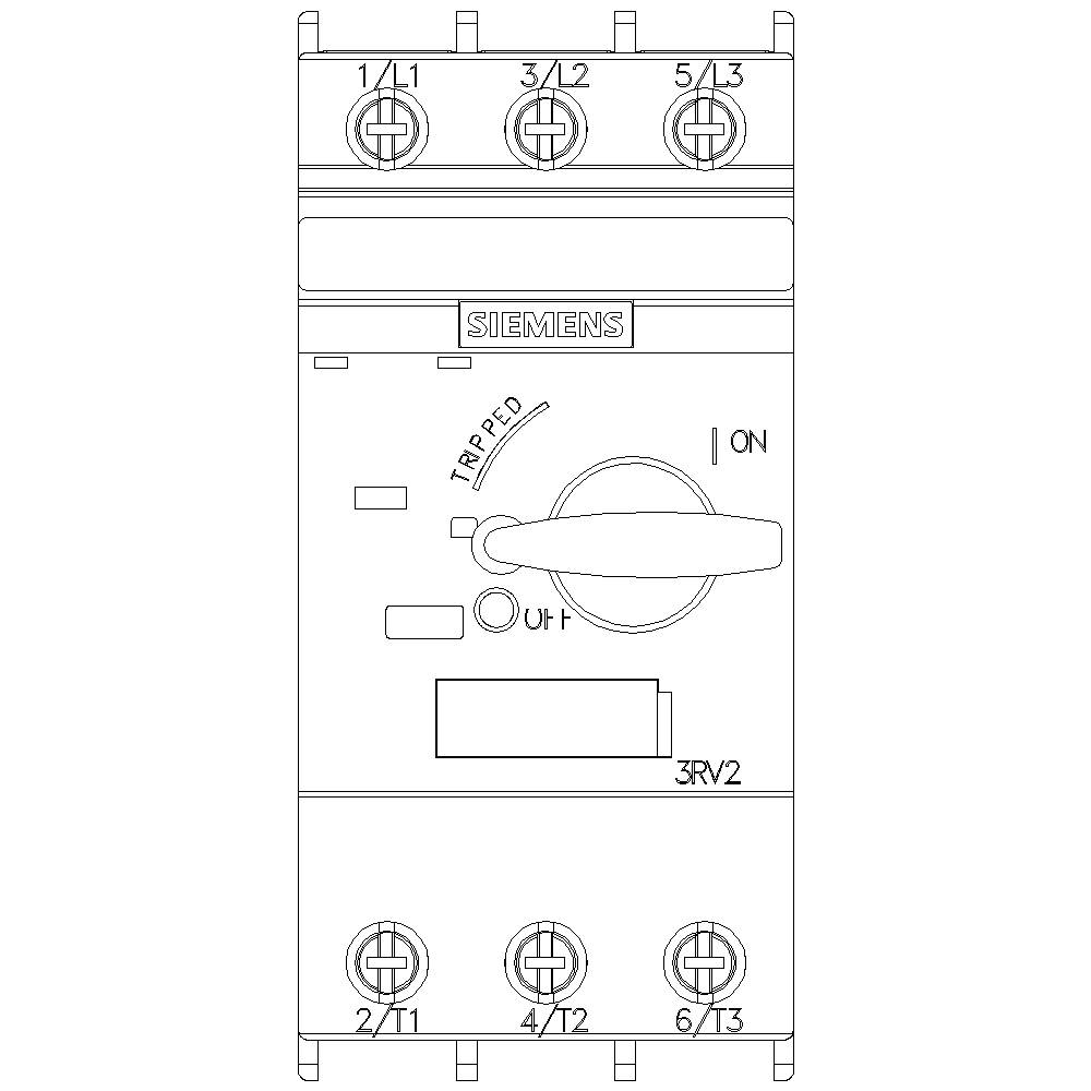 Ein Schaltgerät von Siemens, Modell 3RV2, mit einem Drehknopf für Ein/Aus-Funktionen und Anschlüssen für mehrere elektrische Verbindungen.