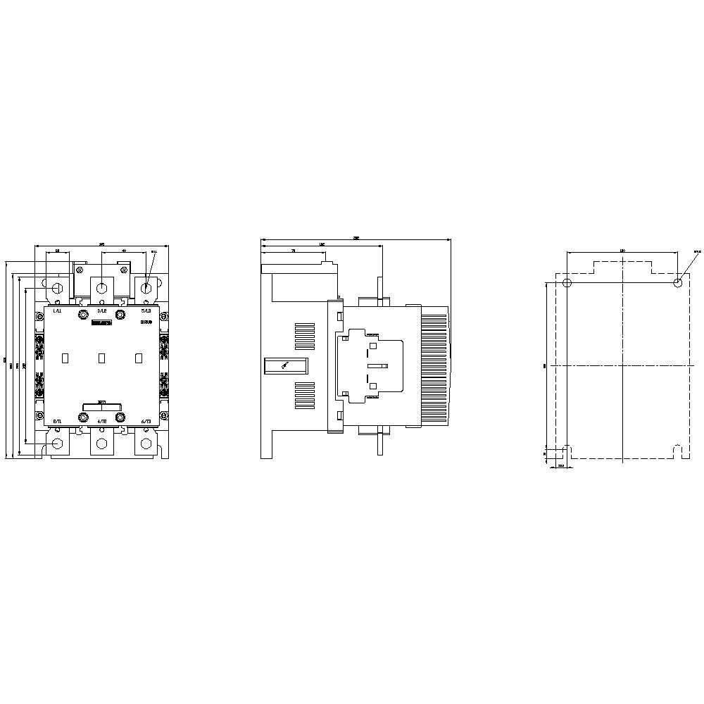 Schaltplan eines elektrischen Geräts mit Vorderansicht, Seitenansicht und schematischer Darstellung. Zeigt Anschluss- und Bauteilverteilung.
