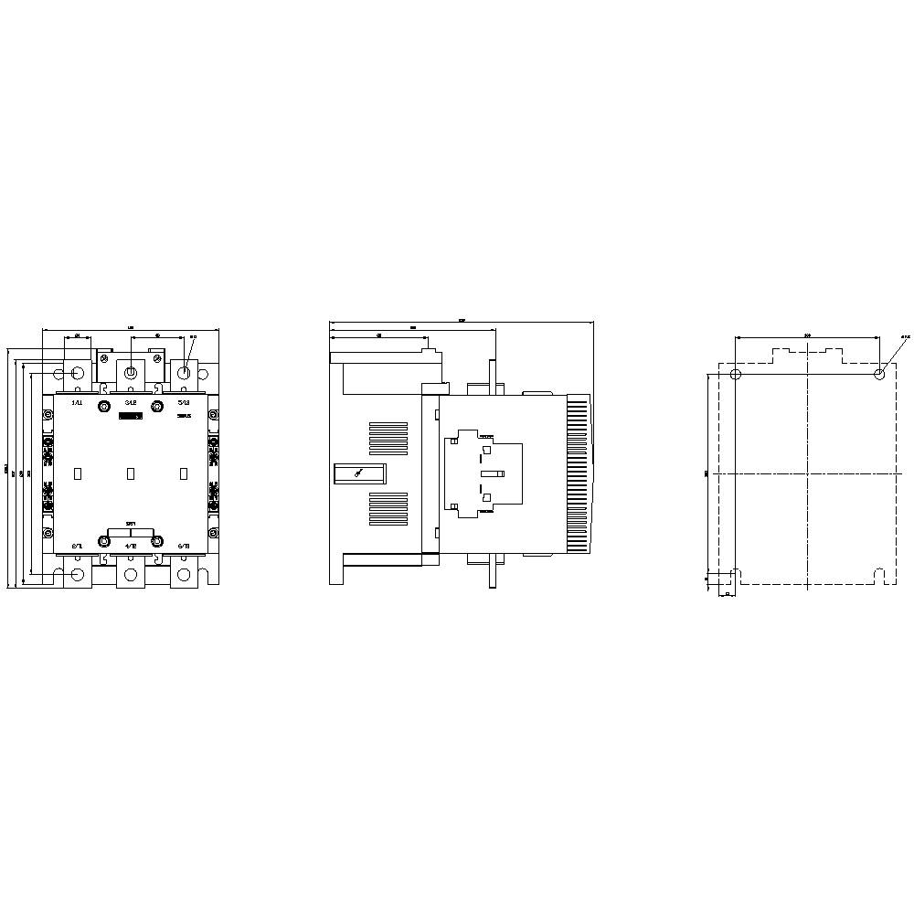 Drei technische Zeichnungen eines elektrischen Bauteils, mit Ansichten von oben, vorne und der Seite, zeigen verschiedene Detailansichten.