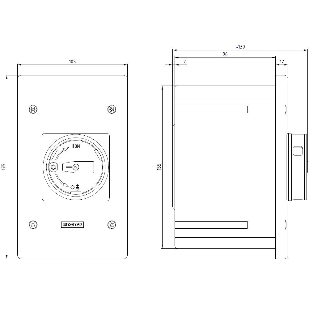 Technische Zeichnung eines elektrischen Bauteils mit Abmessungen. Front- und Seitenansicht eines rechteckigen Geräts mit runden Elementen.