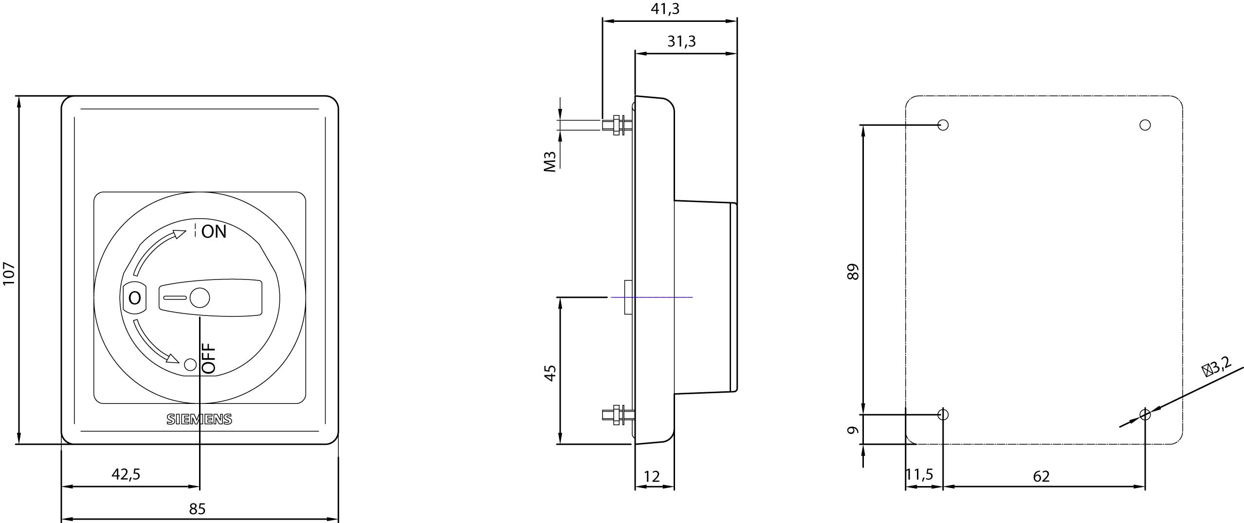 Schaltplan eines Schalters mit Maßen: Breite 85 mm, Höhe 107 mm, Tiefe 31,3 mm. Verschiedene Ansichten und technische Details gezeigt.