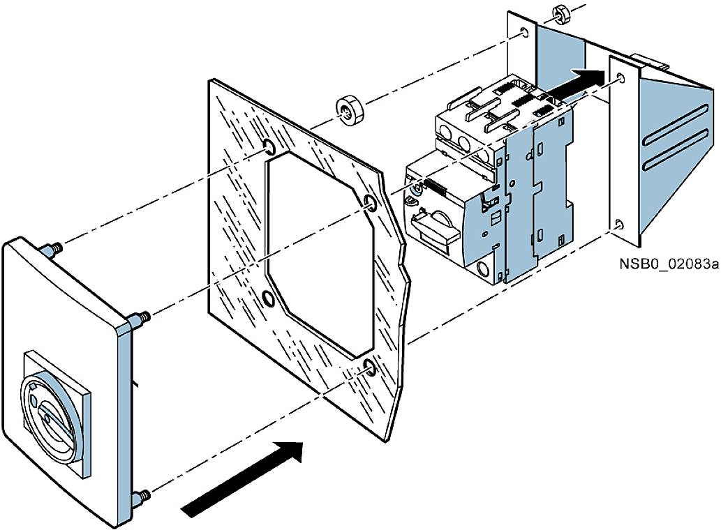 Explosionszeichnung eines elektrischen Schalters mit Abdeckung, Montagerahmen, Schaltermechanismus und Gehäuse. Pfeile zeigen die Montageabfolge.