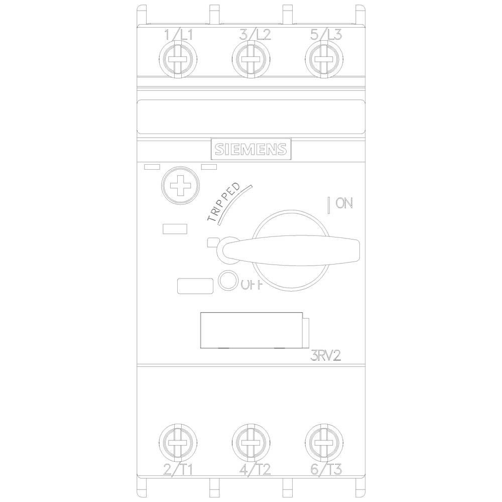 Diagramm eines Siemens-Schalters, zeigt Ein-Aus-Schalter in der Mitte, obere und untere Anschlüsse markiert mit 1L1, 3L2, 5L3.